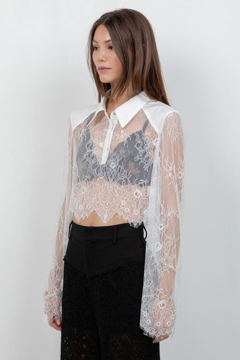 LACE BODICE CROPPED COLLAR SHIRT