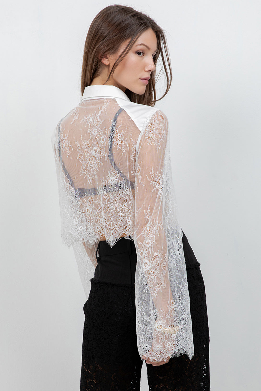 LACE BODICE CROPPED COLLAR SHIRT