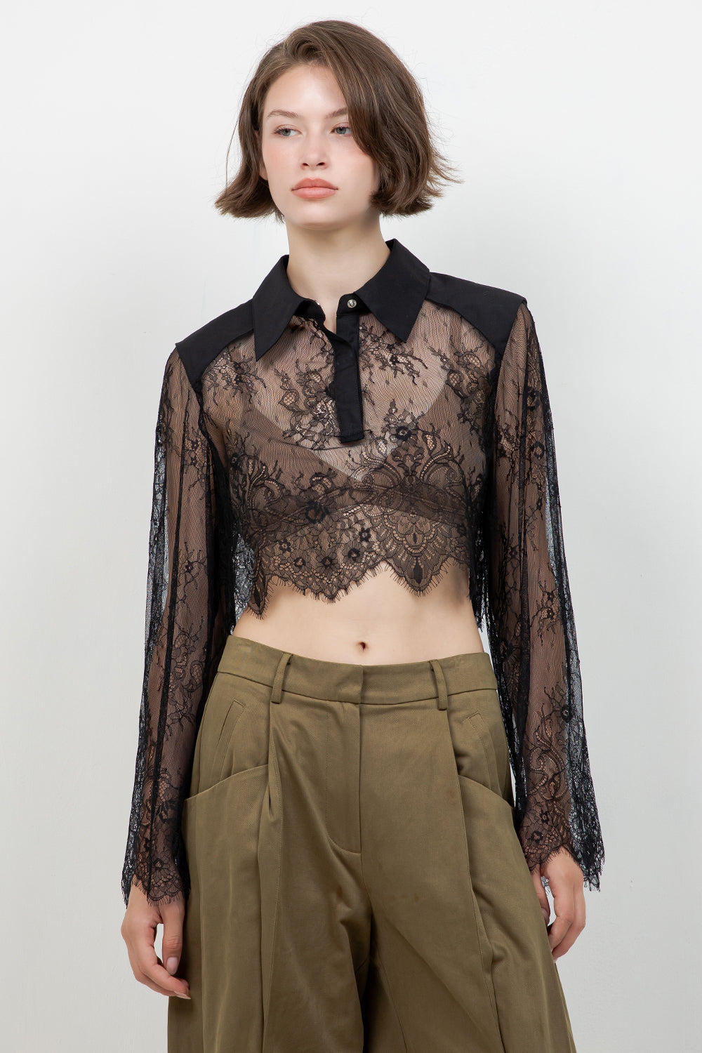 LACE BODICE CROPPED COLLAR SHIRT