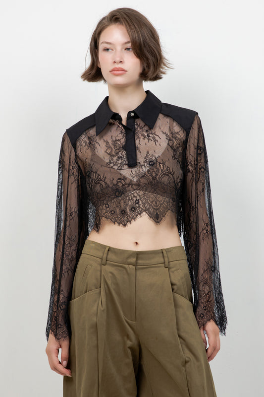 LACE BODICE CROPPED COLLAR SHIRT