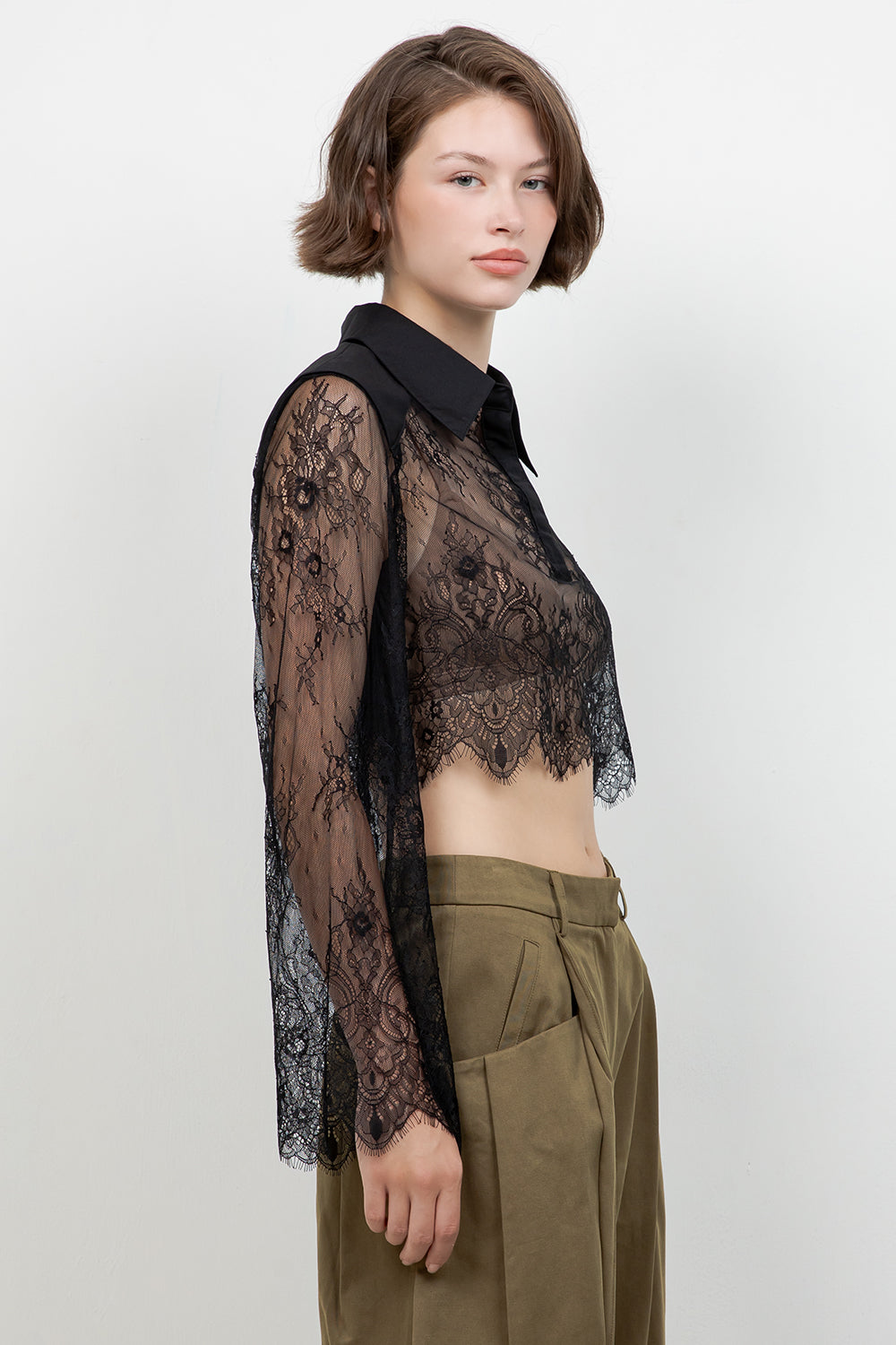 LACE BODICE CROPPED COLLAR SHIRT
