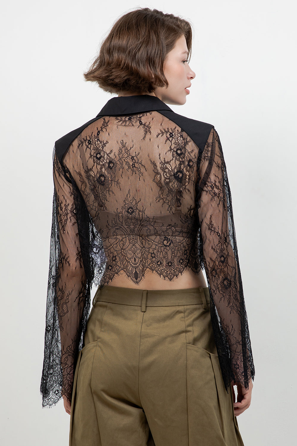 LACE BODICE CROPPED COLLAR SHIRT