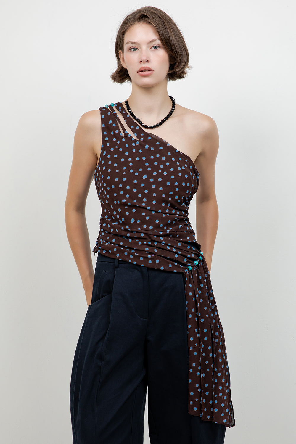 ONE SHOULDER POLKA DOT ASYMMETRICAL TOP