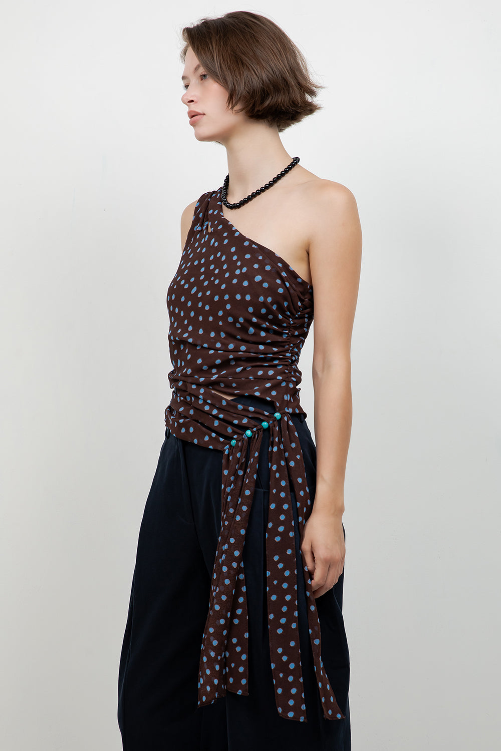 ONE SHOULDER POLKA DOT ASYMMETRICAL TOP
