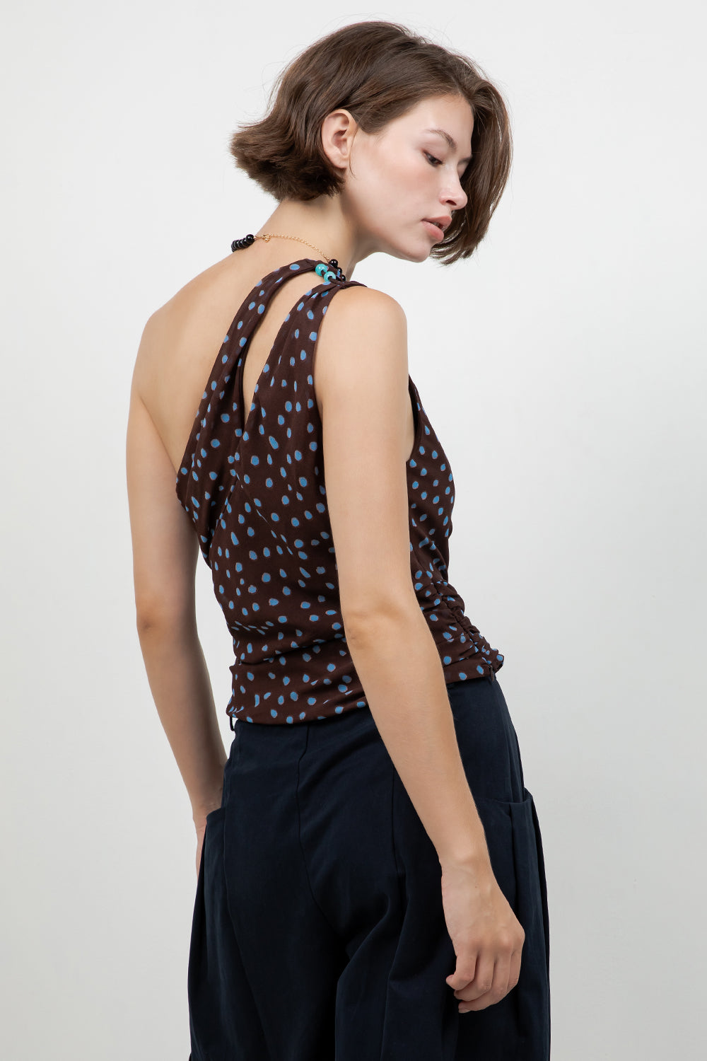 ONE SHOULDER POLKA DOT ASYMMETRICAL TOP