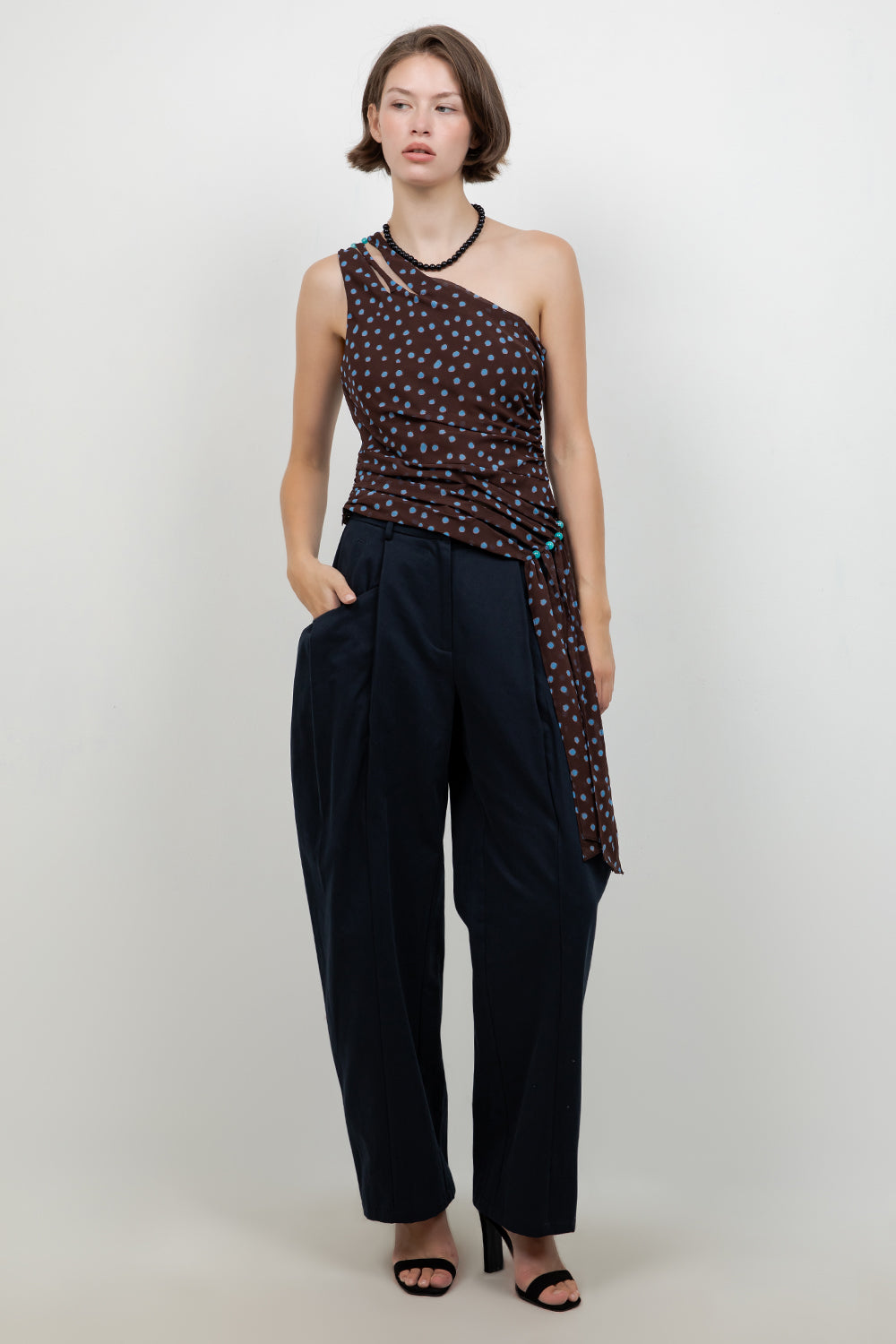 ONE SHOULDER POLKA DOT ASYMMETRICAL TOP