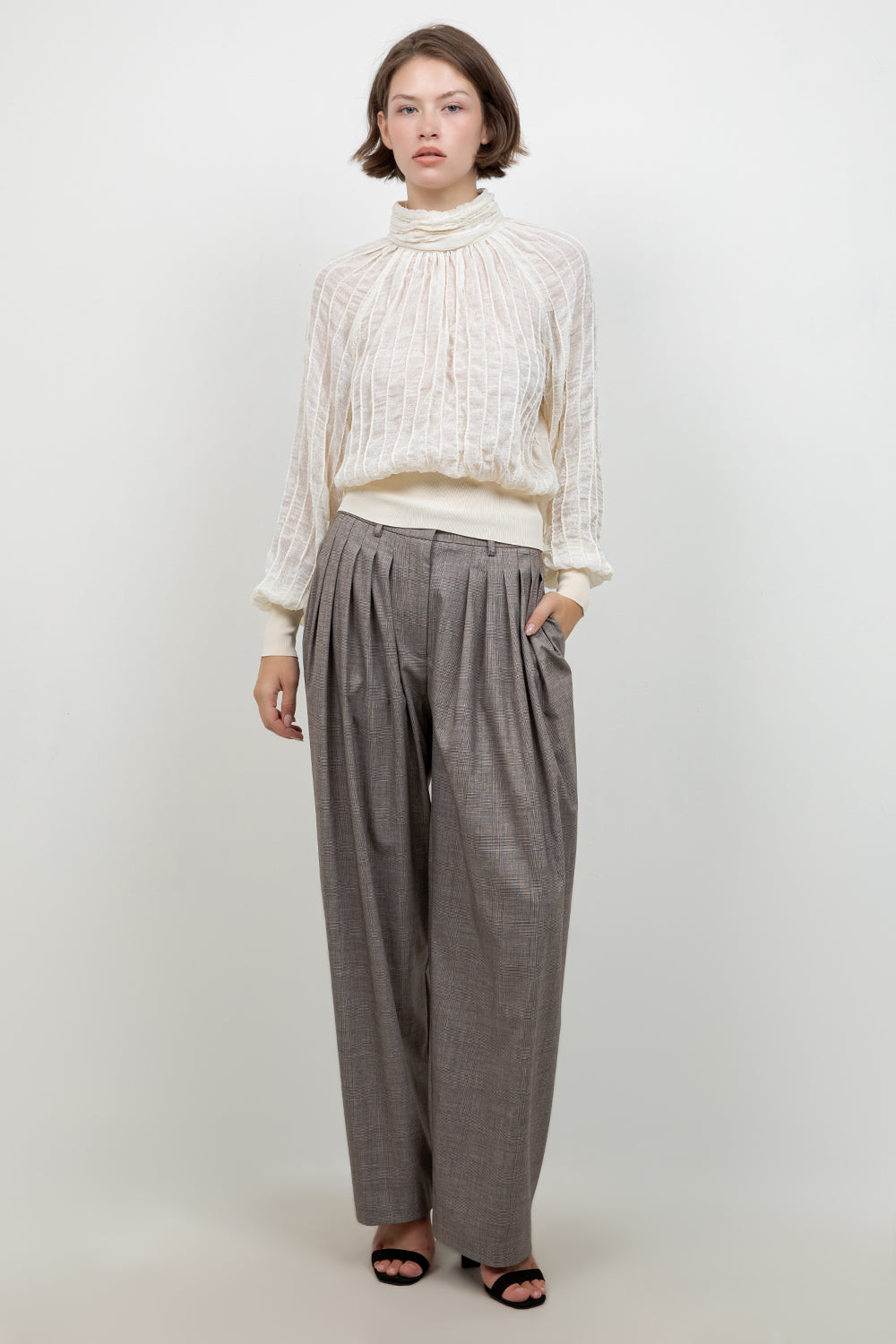 MULTI PLEAT STRAIGHT LEG PLAID PRINT TROUSERS
