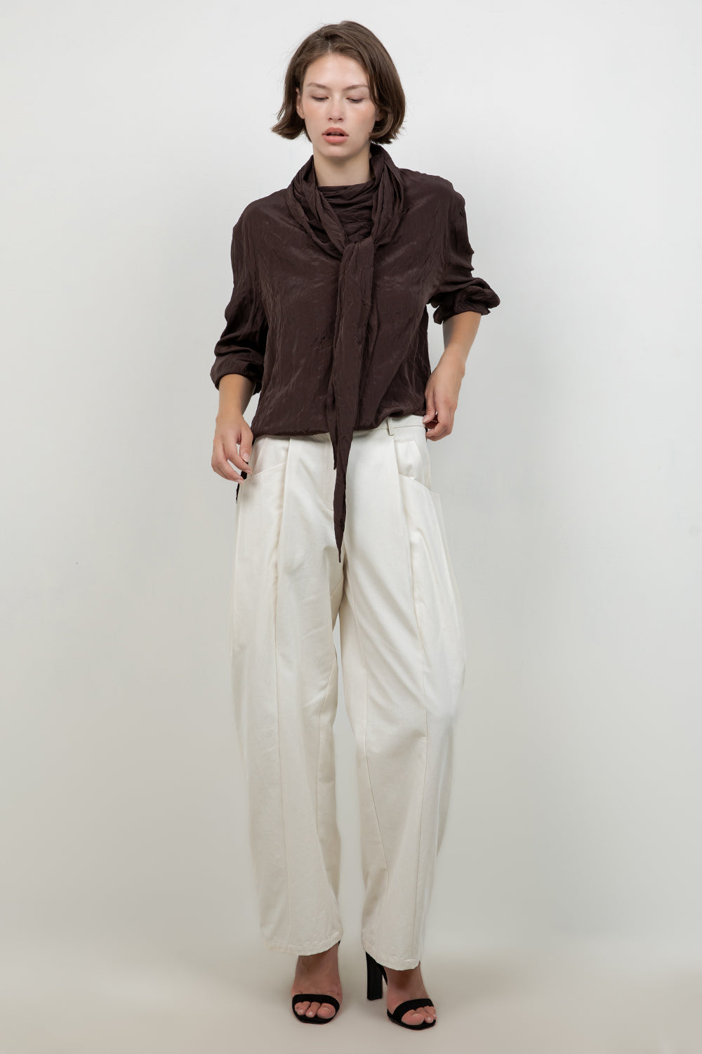 SOFT CRINKLE WOVEN BLOUSE WITH WRAP AROUND SELF SCARF