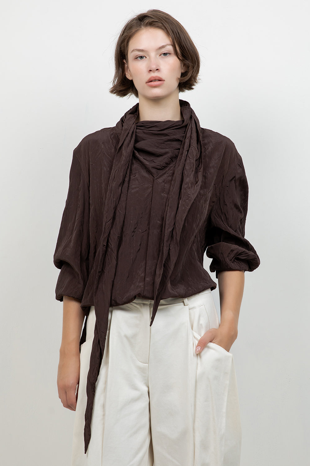 SOFT CRINKLE WOVEN BLOUSE WITH WRAP AROUND SELF SCARF
