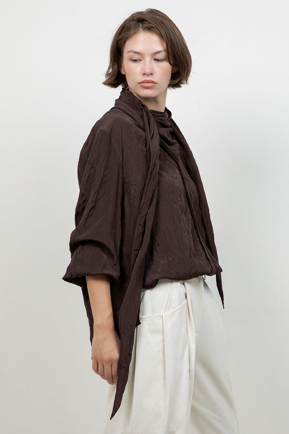 SOFT CRINKLE WOVEN BLOUSE WITH WRAP AROUND SELF SCARF