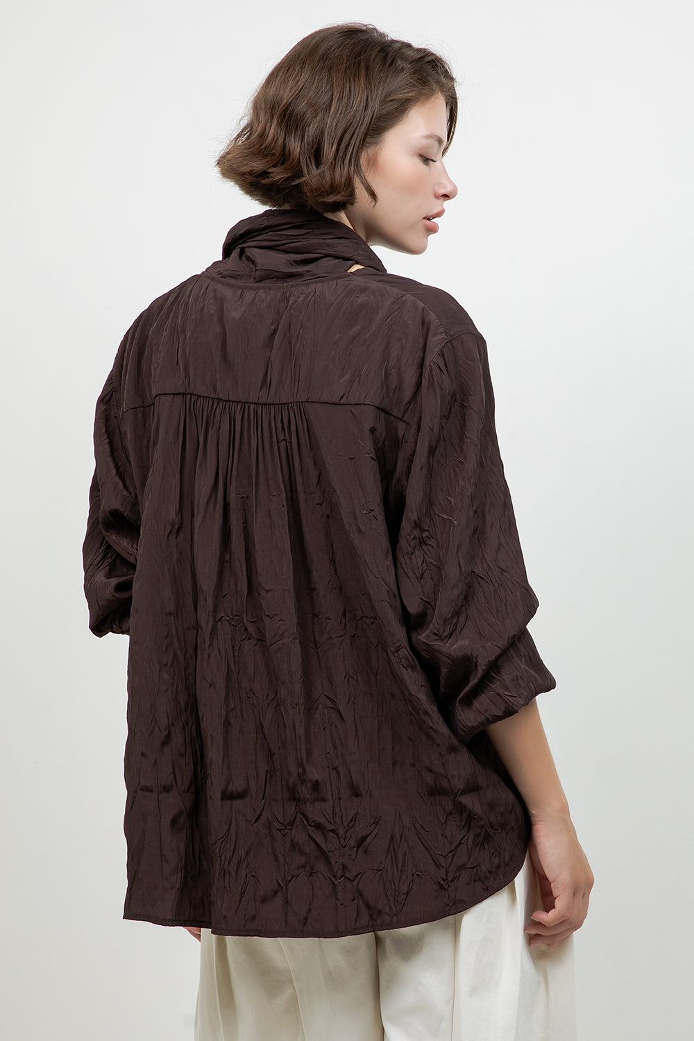 SOFT CRINKLE WOVEN BLOUSE WITH WRAP AROUND SELF SCARF