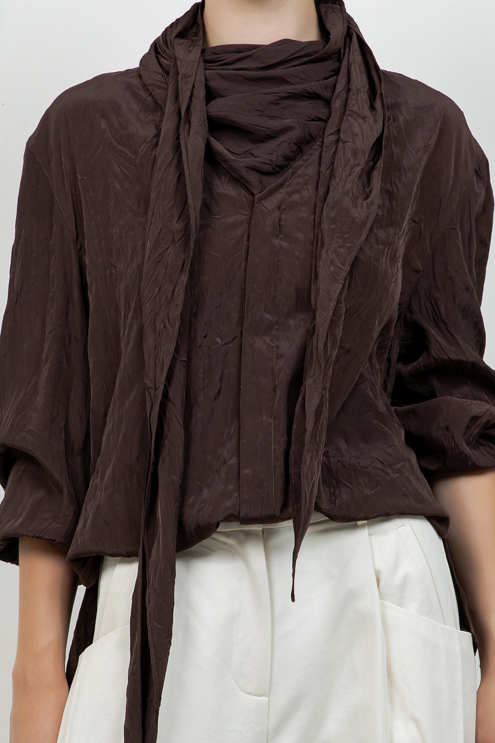 SOFT CRINKLE WOVEN BLOUSE WITH WRAP AROUND SELF SCARF