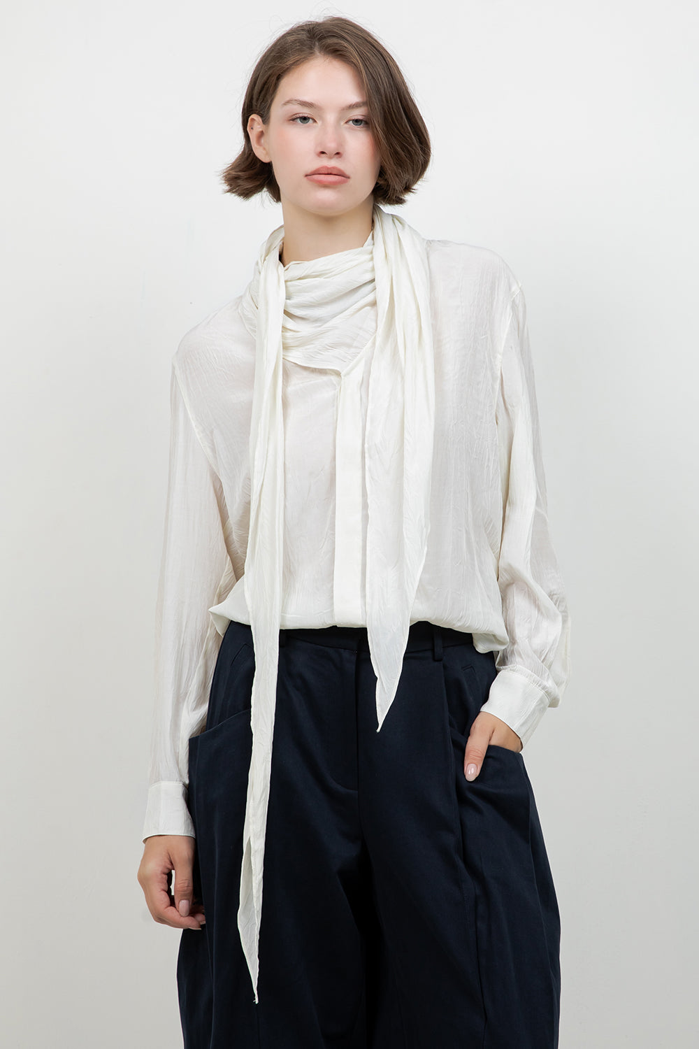 SOFT CRINKLE WOVEN BLOUSE WITH WRAP AROUND SELF SCARF