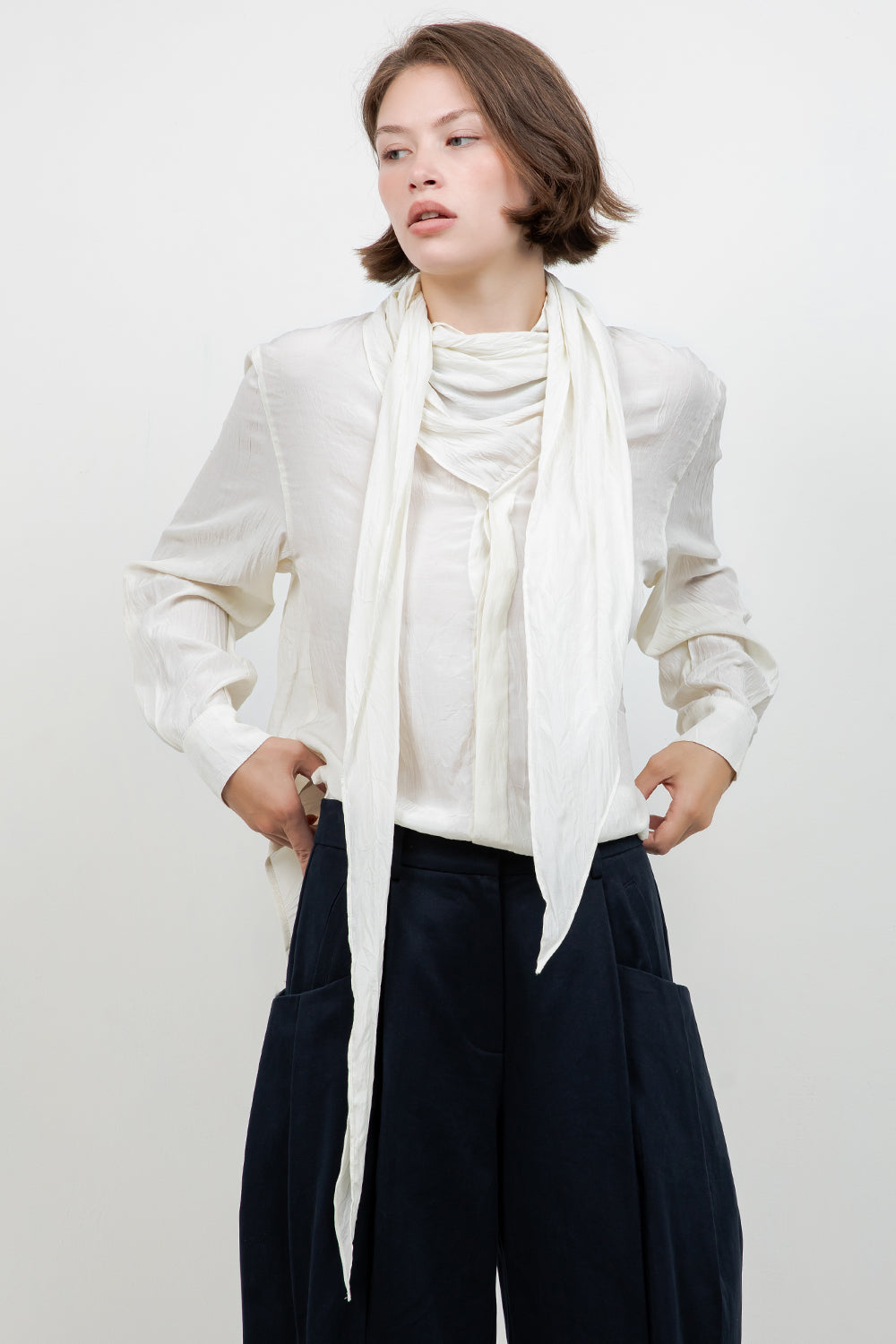 SOFT CRINKLE WOVEN BLOUSE WITH WRAP AROUND SELF SCARF