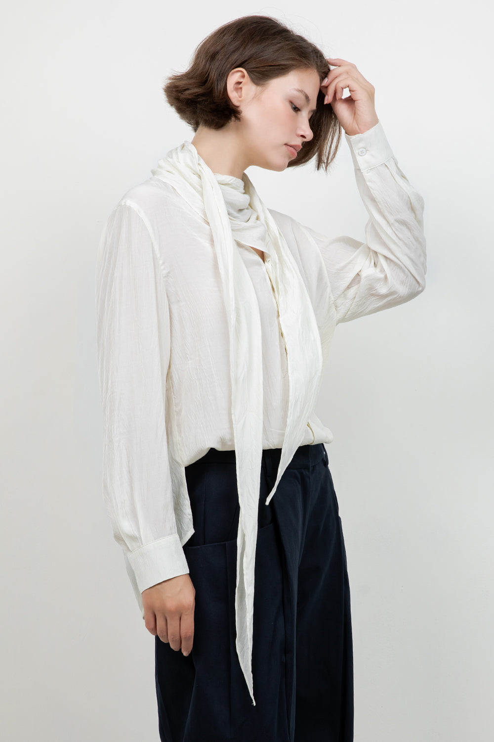 SOFT CRINKLE WOVEN BLOUSE WITH WRAP AROUND SELF SCARF