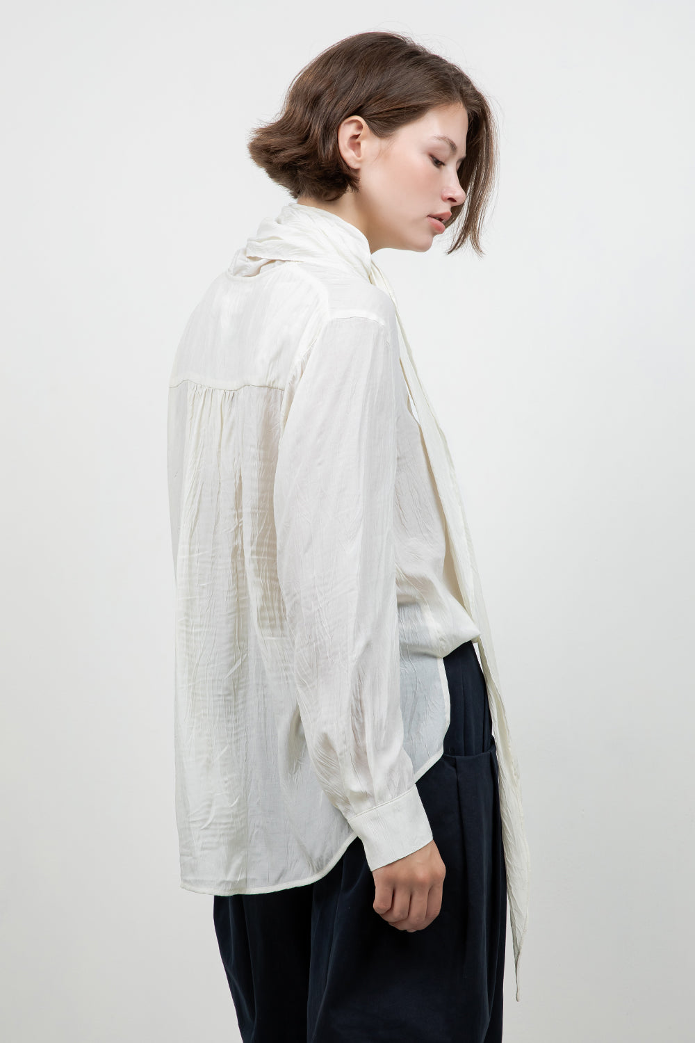 SOFT CRINKLE WOVEN BLOUSE WITH WRAP AROUND SELF SCARF