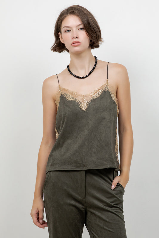 LACE EDGE ACCENT SUEDE SLEEVELESS TOP