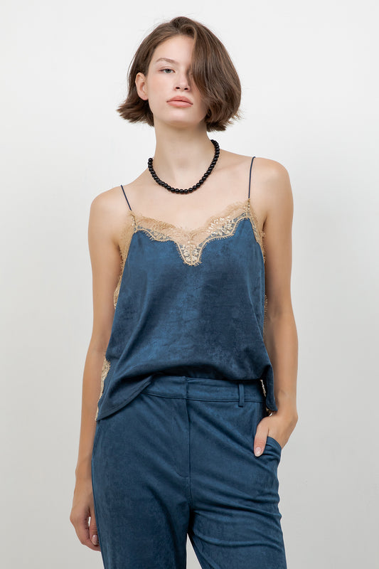 LACE EDGE ACCENT SUEDE SLEEVELESS TOP