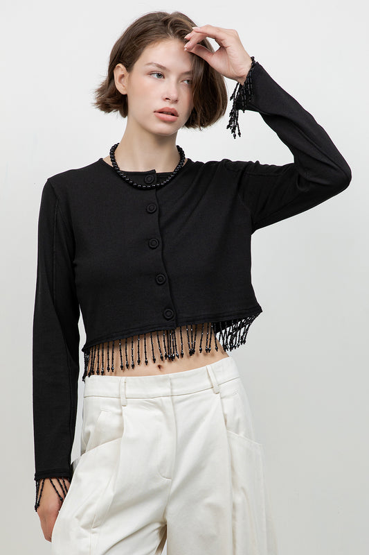 KNITTED BUTTON DOWN SWEATER WITH BEADED TASSELS