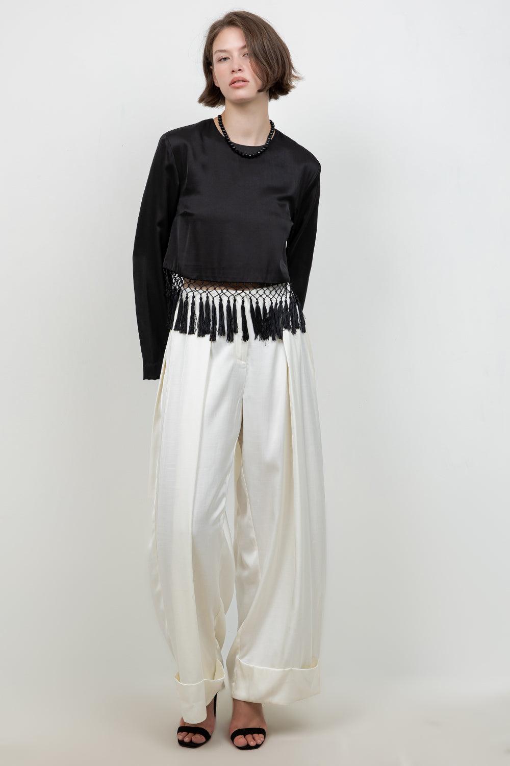 SATIN LONG SLEEVE BLOUSE WITH TASSEL ACCENT