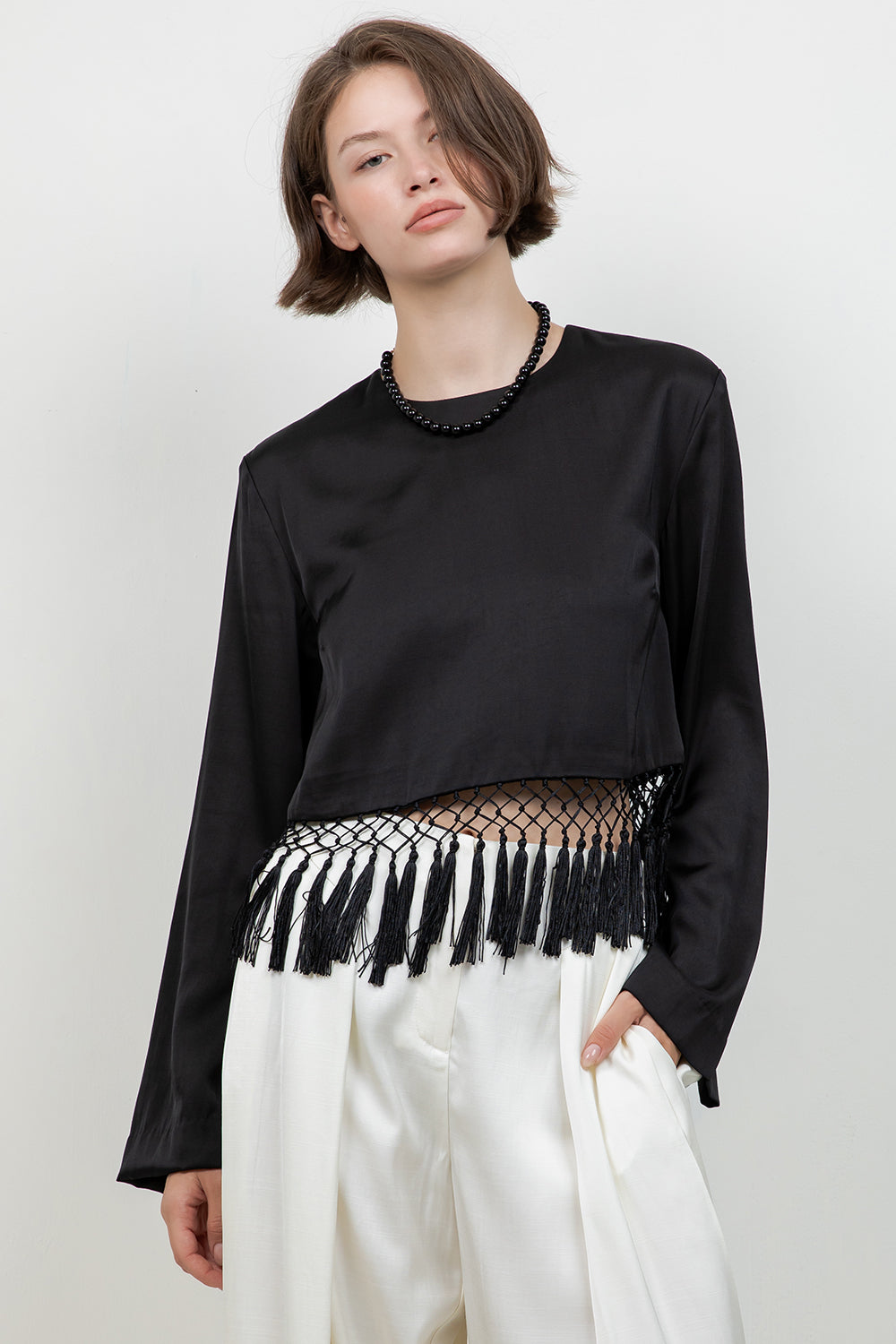 SATIN LONG SLEEVE BLOUSE WITH TASSEL ACCENT