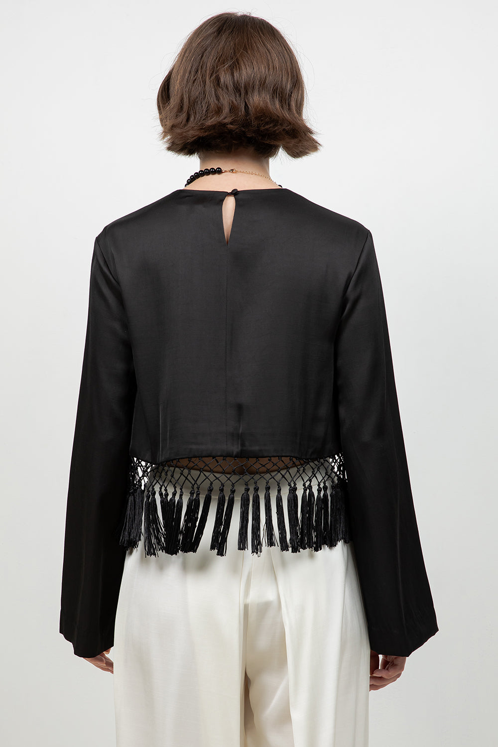 SATIN LONG SLEEVE BLOUSE WITH TASSEL ACCENT