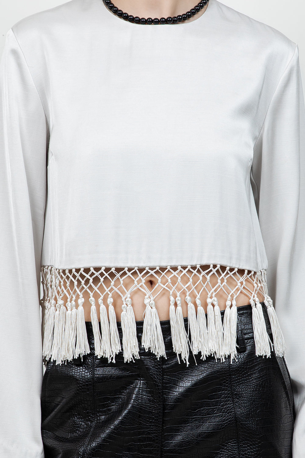 SATIN LONG SLEEVE BLOUSE WITH TASSEL ACCENT