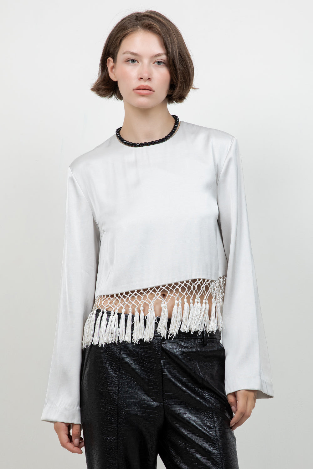 SATIN LONG SLEEVE BLOUSE WITH TASSEL ACCENT
