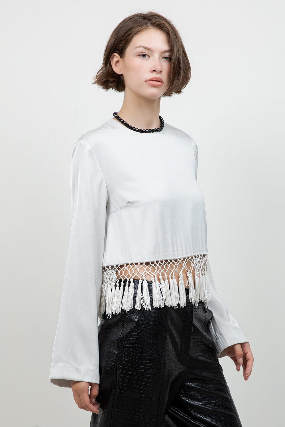 SATIN LONG SLEEVE BLOUSE WITH TASSEL ACCENT