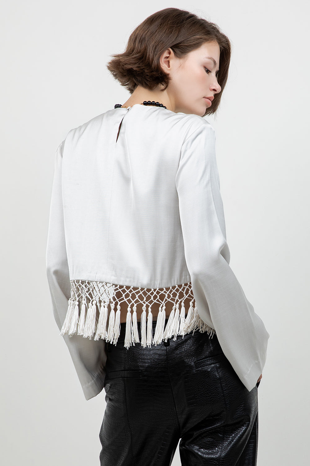 SATIN LONG SLEEVE BLOUSE WITH TASSEL ACCENT