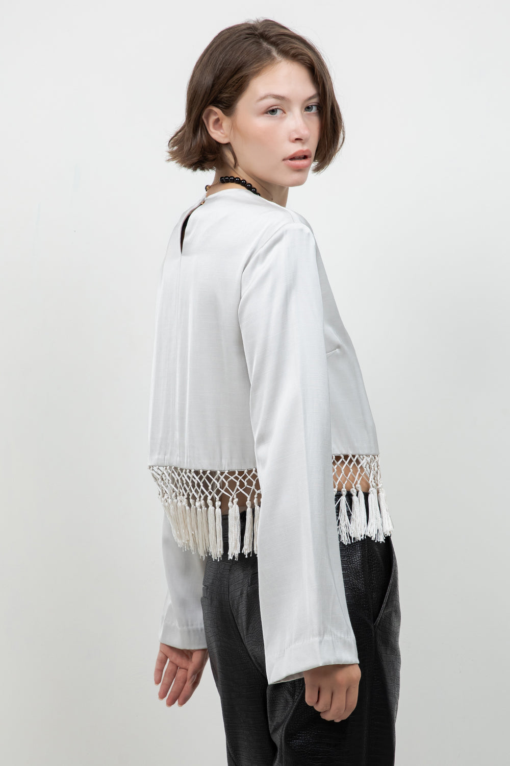 SATIN LONG SLEEVE BLOUSE WITH TASSEL ACCENT