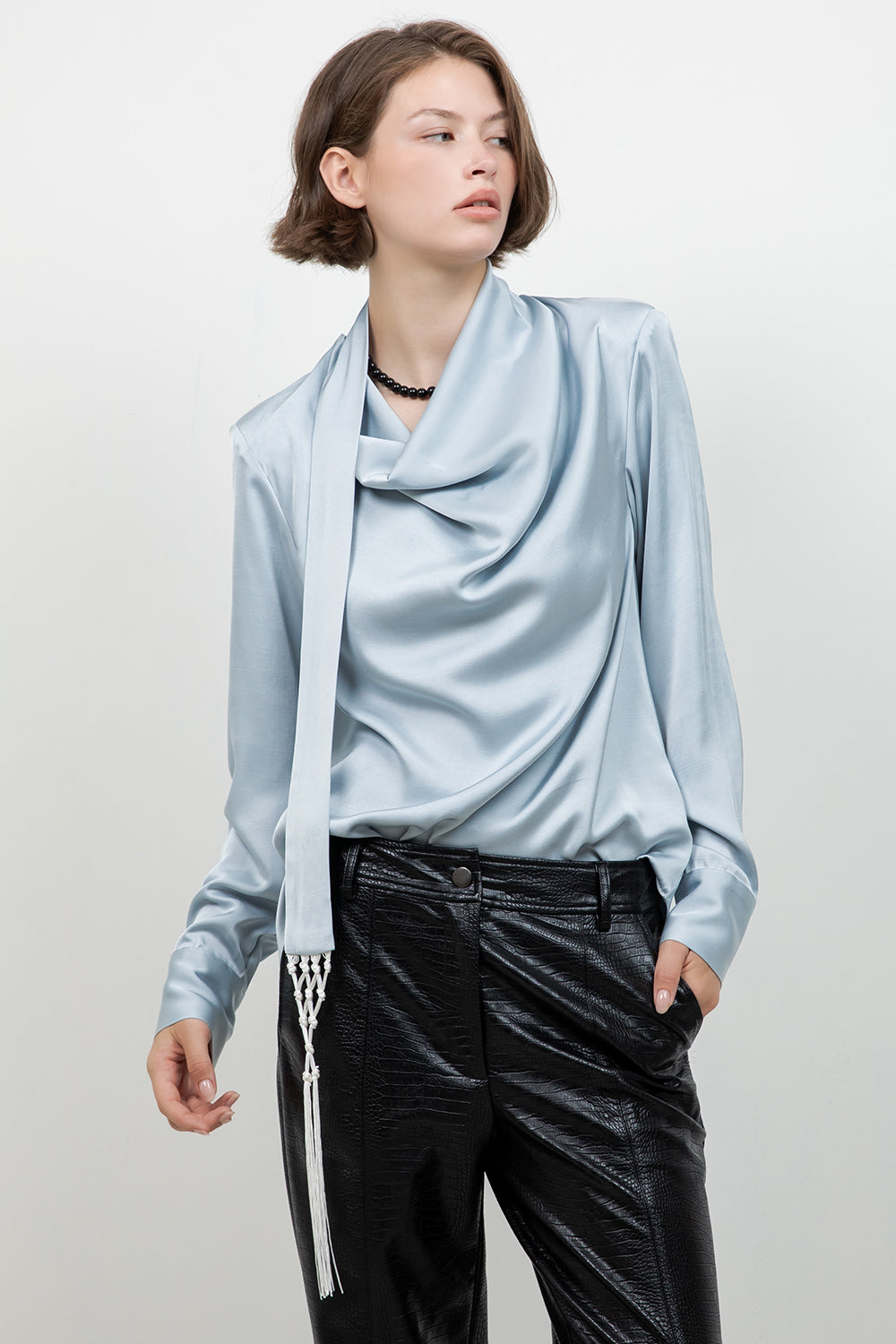 SOFT WOVEN BLOUSE W ATTACHED TASSEL TRIM SCARF