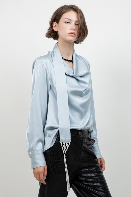 SOFT WOVEN BLOUSE W ATTACHED TASSEL TRIM SCARF - Whiteroom+Cactus