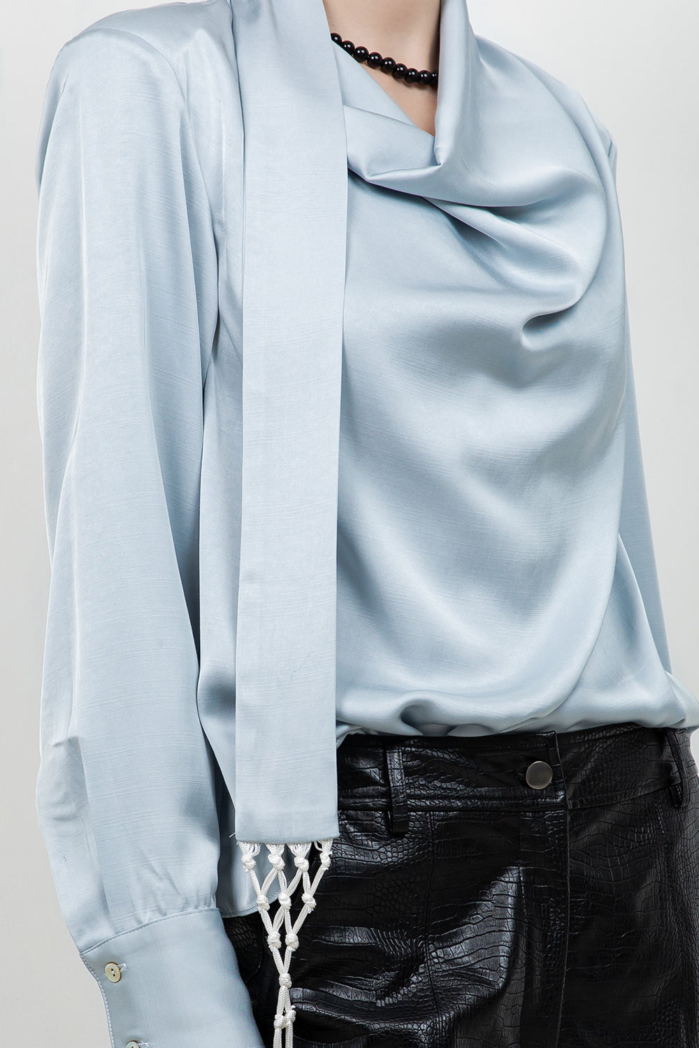 SOFT WOVEN BLOUSE W ATTACHED TASSEL TRIM SCARF