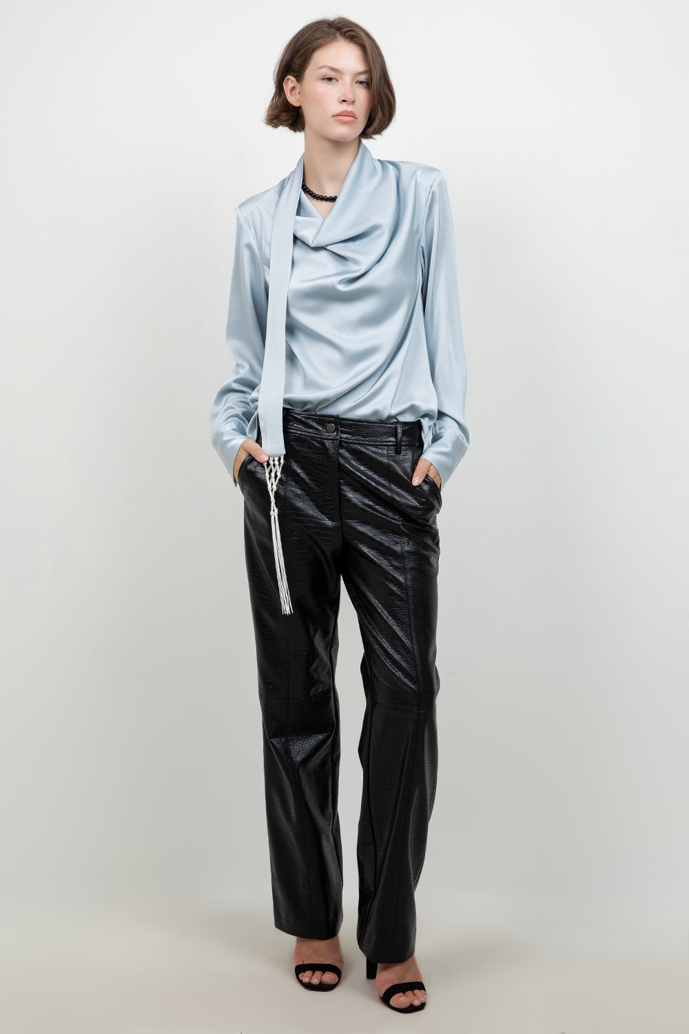 SOFT WOVEN BLOUSE W ATTACHED TASSEL TRIM SCARF