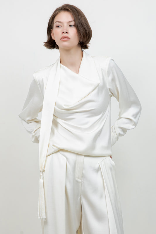 SOFT WOVEN BLOUSE W ATTACHED TASSEL TRIM SCARF - Whiteroom+Cactus