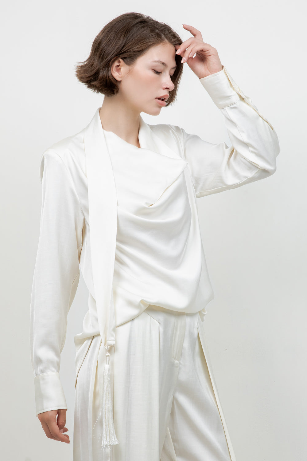 SOFT WOVEN BLOUSE W ATTACHED TASSEL TRIM SCARF