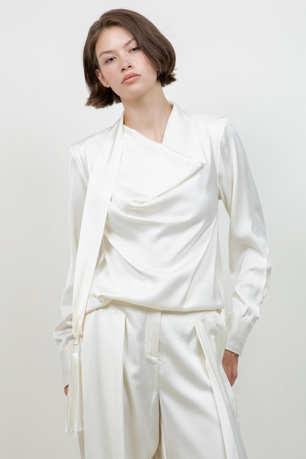 SOFT WOVEN BLOUSE W ATTACHED TASSEL TRIM SCARF