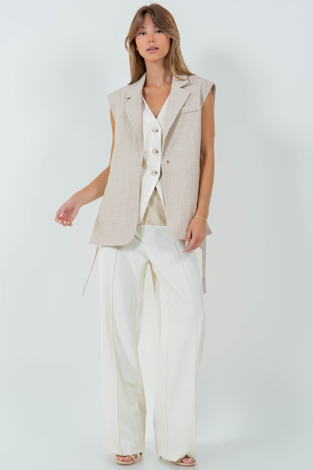 PU CONTRASTED DOUBLE LAYER LINE VEST - SAND COMBO