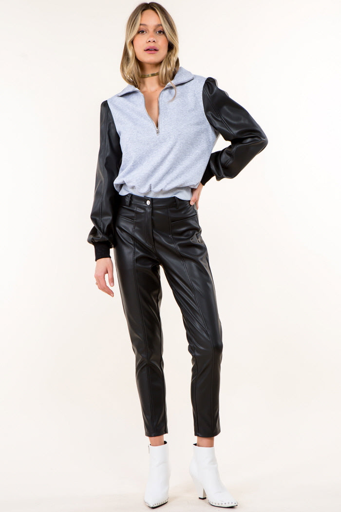 PU Combo Cotton Zip Pullover Top