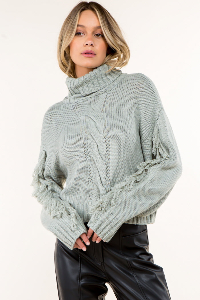 Fringe Detail High Neck Pullover Sweater