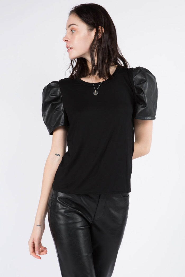 Leather Contrast Sleeves Knit Top