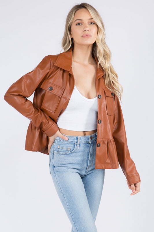 Ruffle Hem Leather Jacket