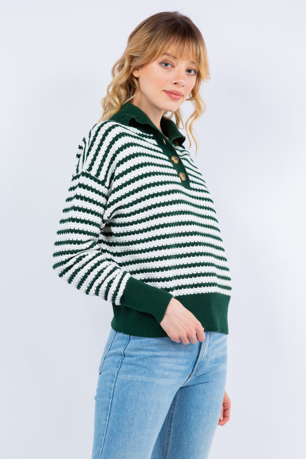 Striped High Neck Button Sweater