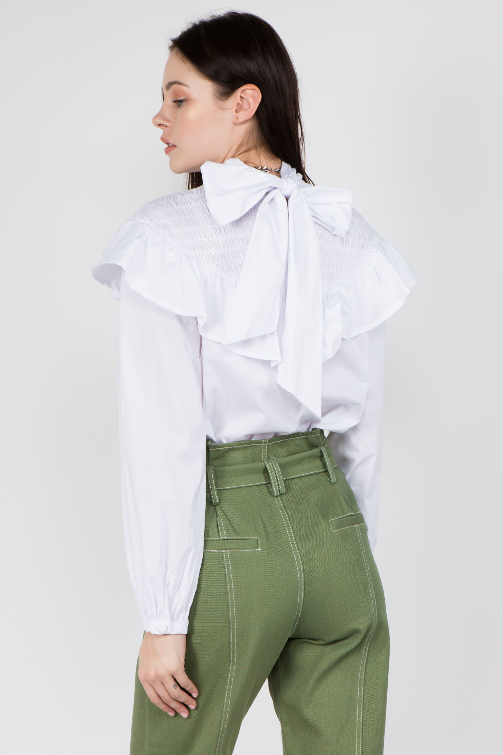 White high cheap neck ruffle blouse